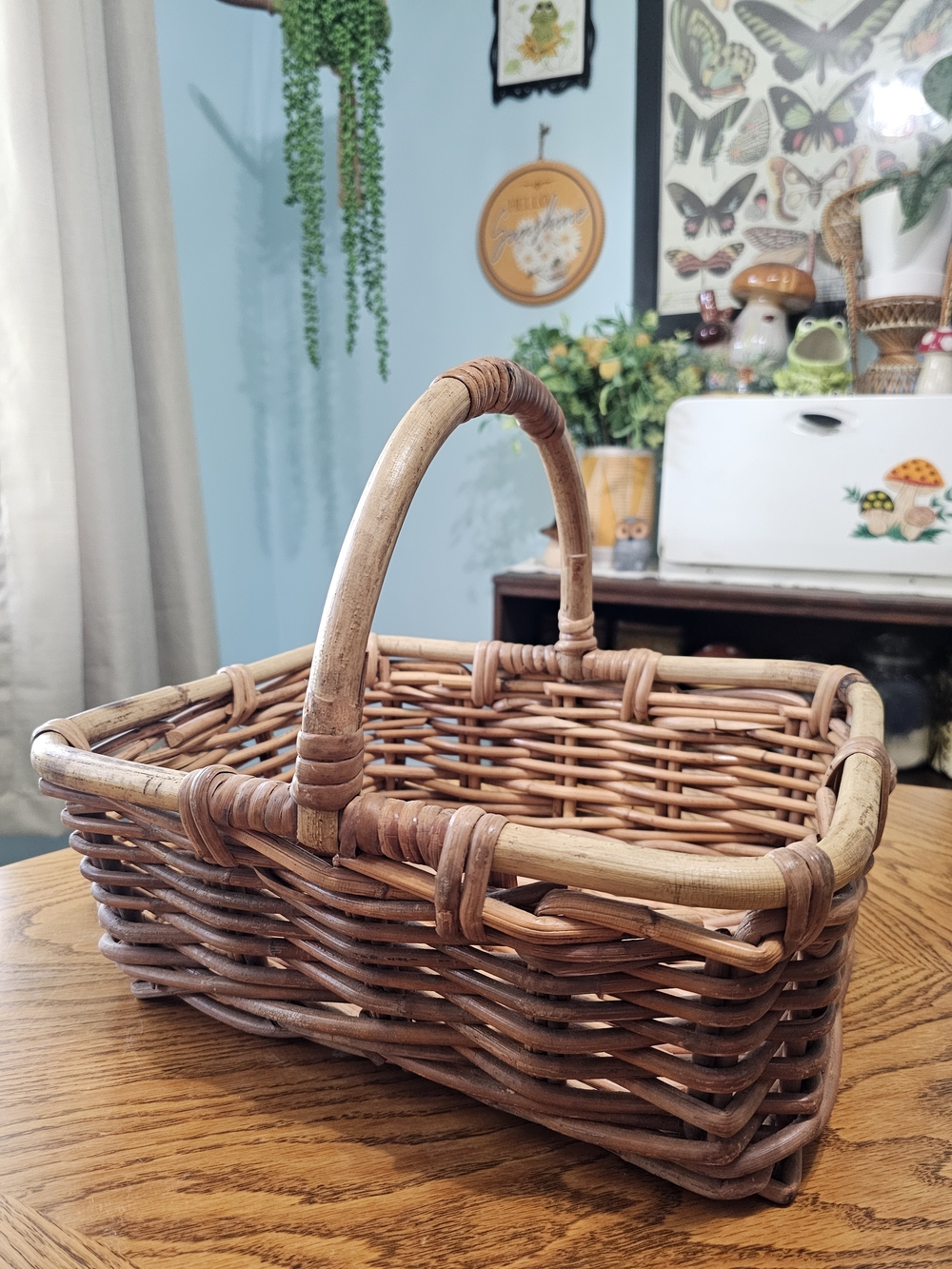 Vintage Hand Woven Rectangular Picnic Basket Handle Rattan Wicker Boho Cottage